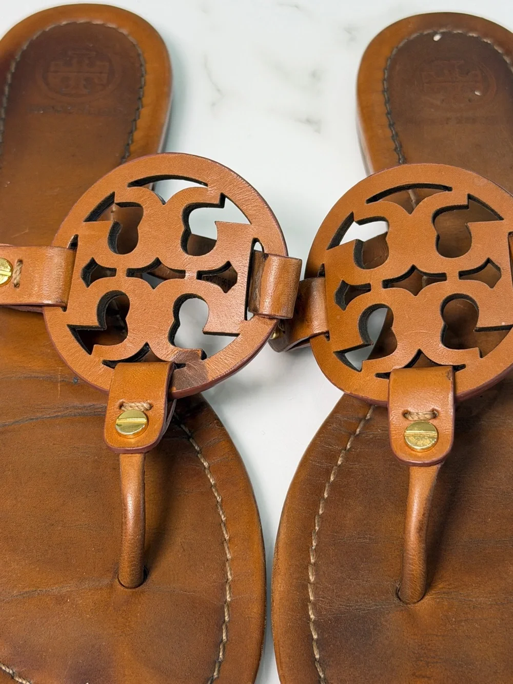 Tory Burch Miller Brown Leather Logo Sandals Women’s Size 7